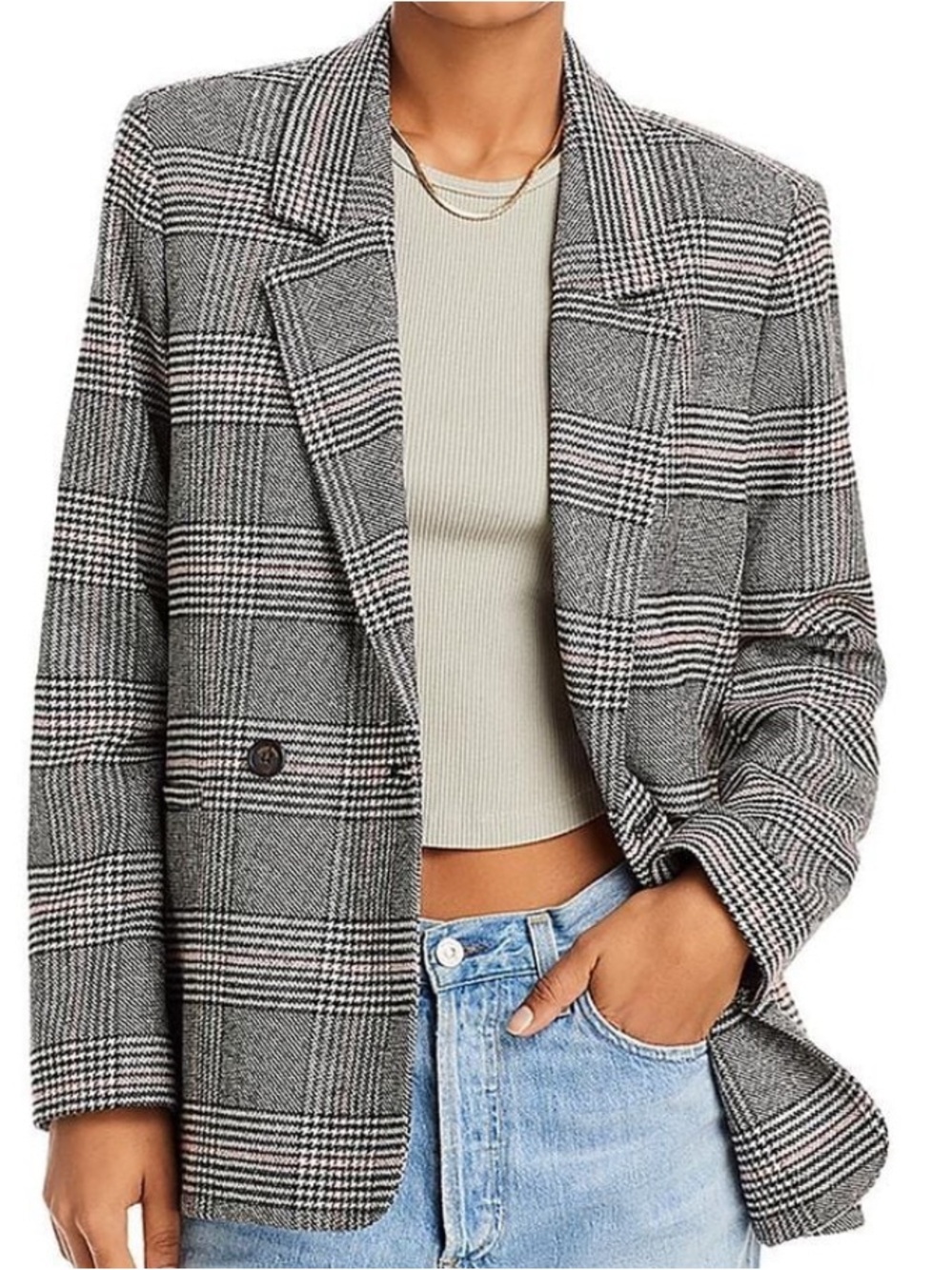 Anine Bing Plaid Blazer – Black & White Glen Plaid, Size M